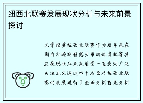 纽西北联赛发展现状分析与未来前景探讨