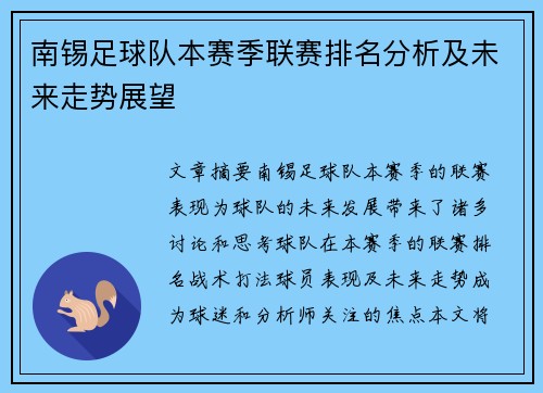 南锡足球队本赛季联赛排名分析及未来走势展望