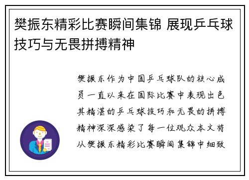 樊振东精彩比赛瞬间集锦 展现乒乓球技巧与无畏拼搏精神