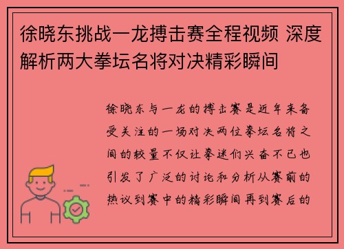徐晓东挑战一龙搏击赛全程视频 深度解析两大拳坛名将对决精彩瞬间