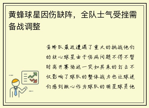 黄蜂球星因伤缺阵，全队士气受挫需备战调整