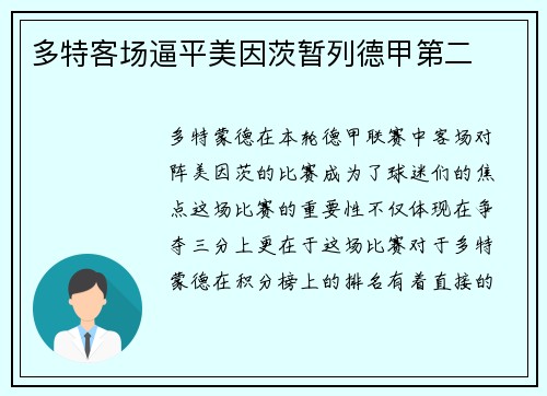 多特客场逼平美因茨暂列德甲第二