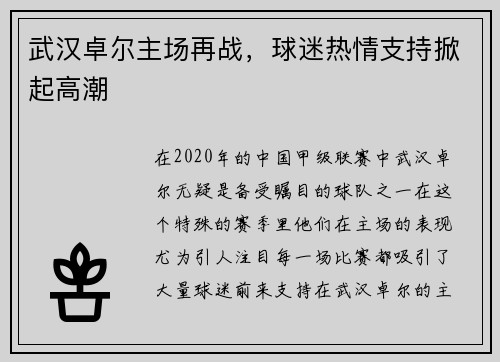 武汉卓尔主场再战，球迷热情支持掀起高潮